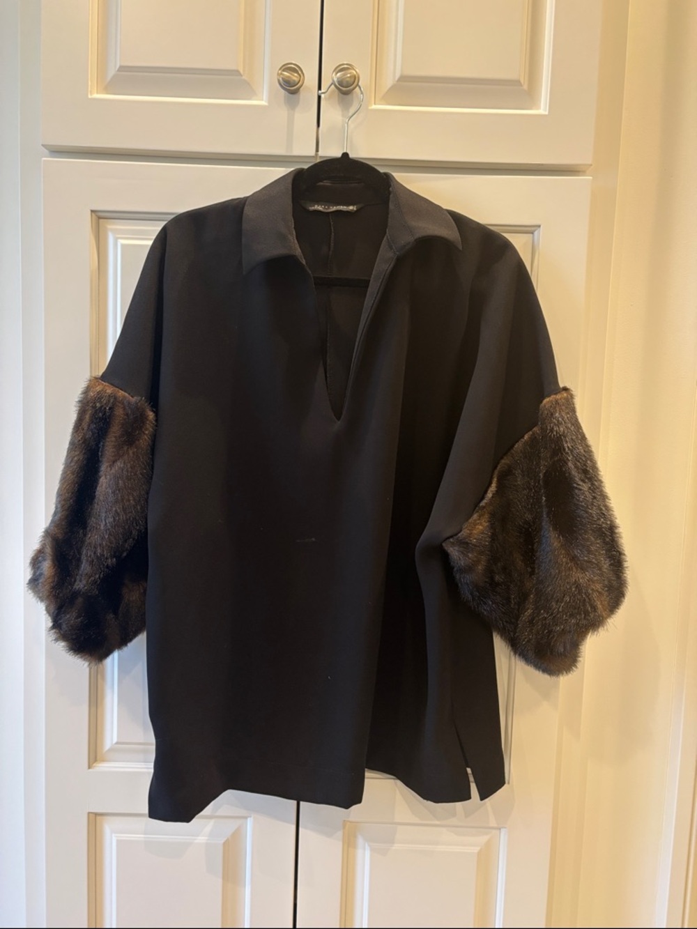 Zara Black Top with Faux Fur Brown Sleeve Accents